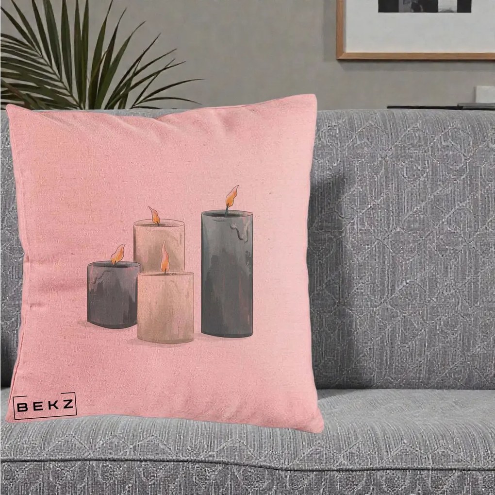 Perna Decorativa Lumanari Hygge Alb-Verde, 40x40 cm, Roz, Husa Detasabila, Perna Inclusa, BEKZ®