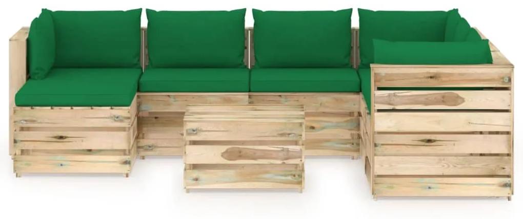 Set mobilier de gradina cu perne, 8 piese, lemn verde tratat