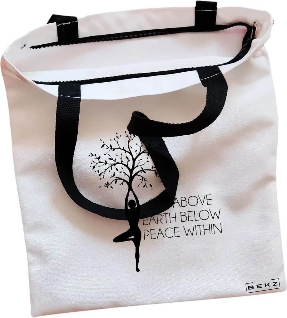 Sacosa de Panza pentru Cumparaturi, Geanta Tote, Yoga Sky above earth peace within, Cu fermoar, 38x34.5 cm, Alba, BEKZ®