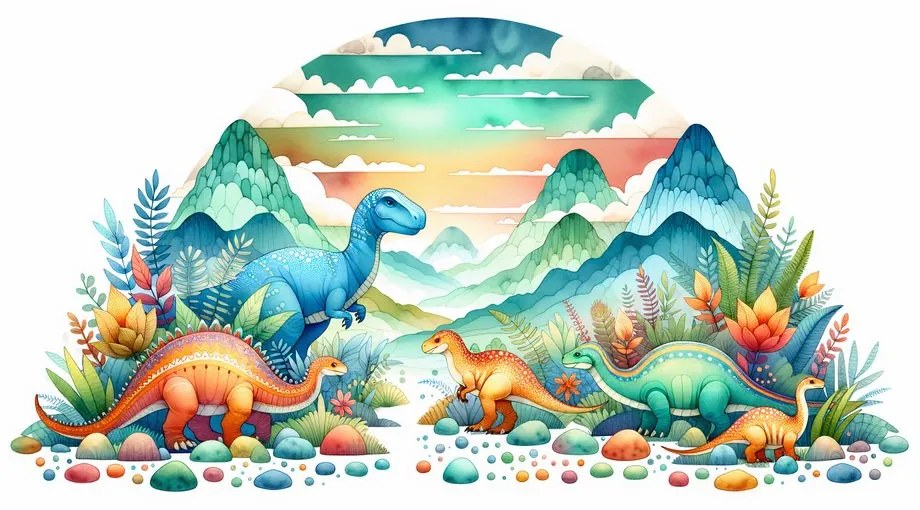 Tablou dinozauri colorați în munți