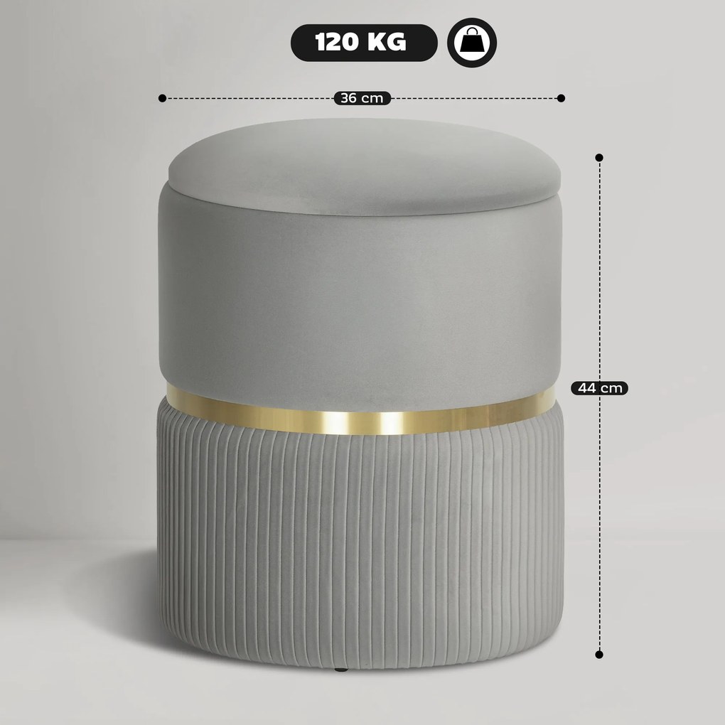 HOMCOM Taburet rotund de depozitare, Taburet tapițat cu catifea și capac detașabil, șezut căptușit și spațiu de depozitare ascuns, Gri deschis | Aosom Romania
