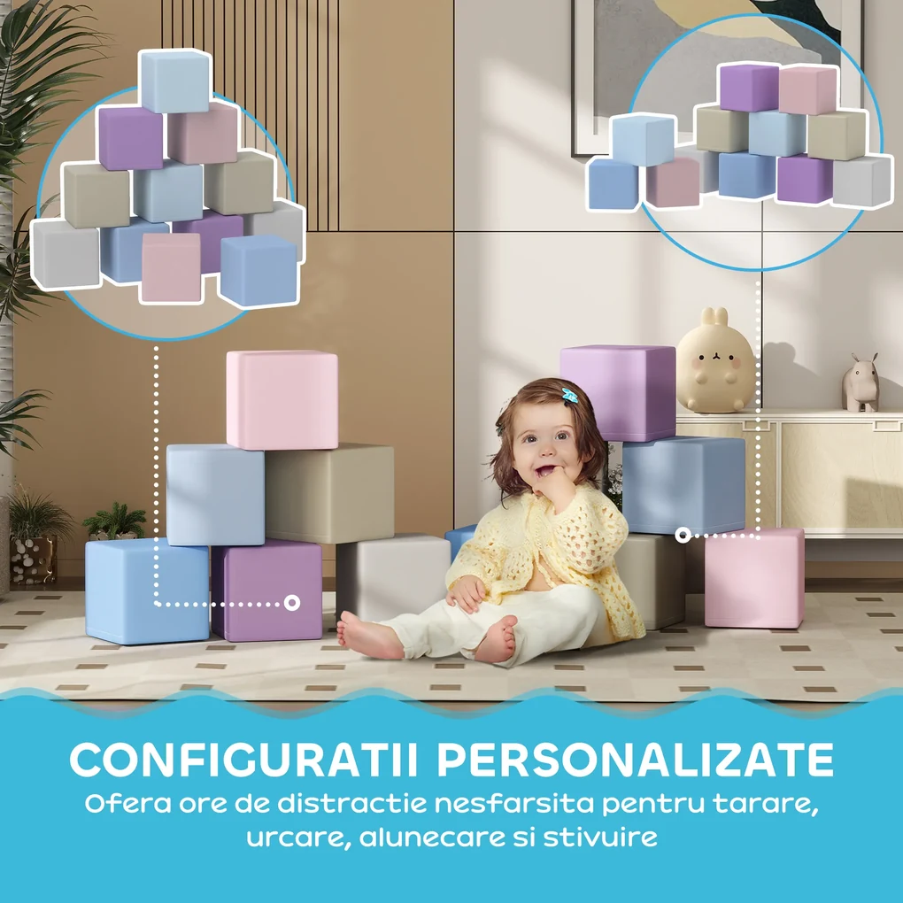 HOMCOM Set 12 Cuburi de Jucărie Moi pentru Copii 12-36 Luni, 20x20x20 cm, Multicolor Deschis | Aosom Romania