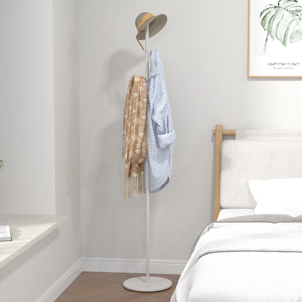 HOMCOM Cuier Vertical Autoportant cu 6 Cârlige Disc și Bază din Ardezie, Ø32x171 cm, Alb Elegant pentru Organizare | Aosom România