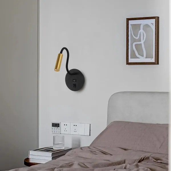 Lampă LED flexibilă de perete cu port USB Brilagi MAYA LED/3W/230V negru/auriu