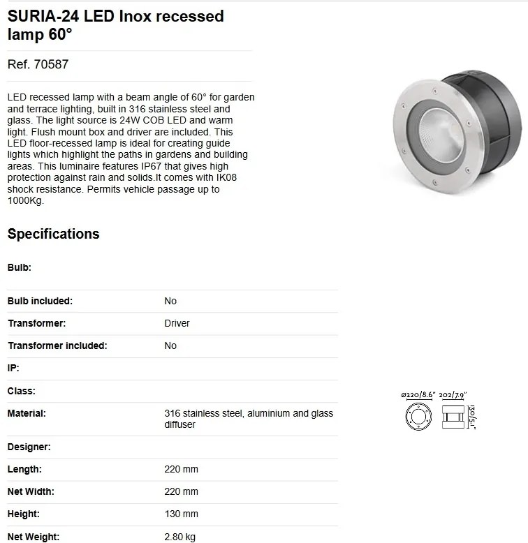 Spot LED incastrabil de exterior pavaj SURIA-24 inox 60°