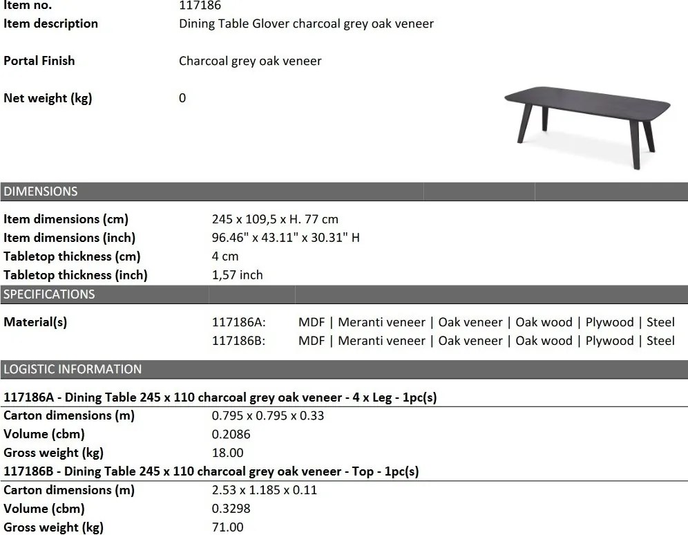 Masa design LUX Glover Charcoal grey, 245x109cm