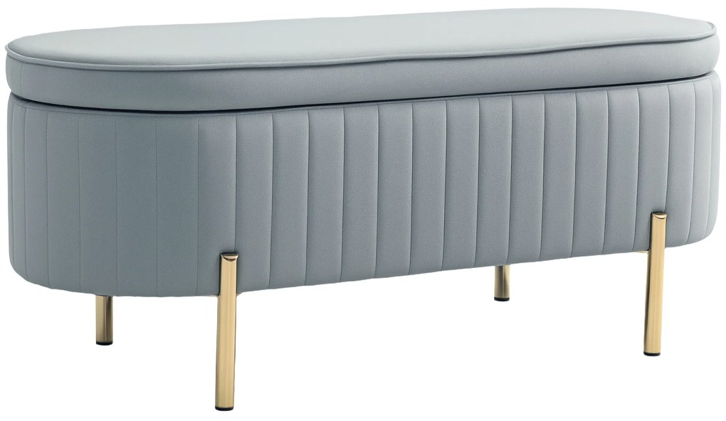 HOMCOM Bancă de Depozitare pentru Intrare Ovală 72L cu Design Scanalat, Capac Ridicabil și Șezut Capitonat, Bancă de la Capătul Patului Pouf în Catifea și Picioare de Lemn de Pin, 108x44x43.5 cm, Gri | Aosom Romania