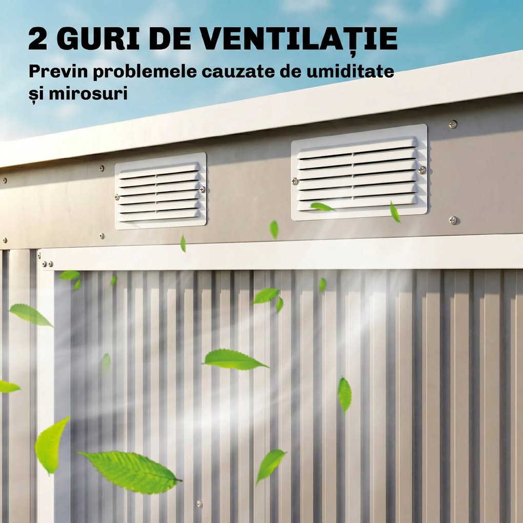 Outsunny Magazie Grădină pentru Unelte cu Acoperiș Înclinat, Metalică, Ușă Dublă și Fante de Ventilație, 213x130x172 cm | Aosom România