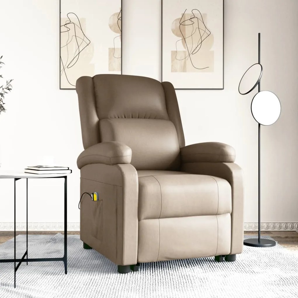 3110863 vidaXL Fotoliu masaj cu ridicare verticală, cappuccino piele ecologică