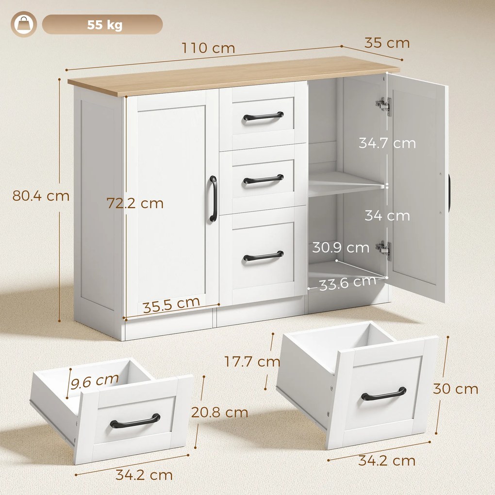 HOMCOM Bufet de bucătărie cu 3 sertare și 2 uși, închidere amortizată, pentru dining, hol și living, 110x35x80,4 cm, alb | Aosom Romania