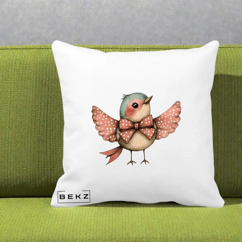 Perna Decorativa Pasare Roz cu Aripi si Fundita, 40x40 cm, Alba Mata, Husa Detasabila, Perna Inclusa, BEKZ®