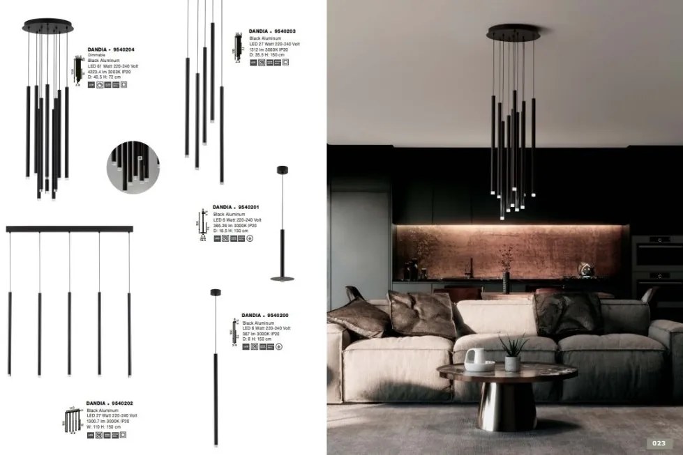 Lustra cu 5 pendule LED design tubular DANDIA