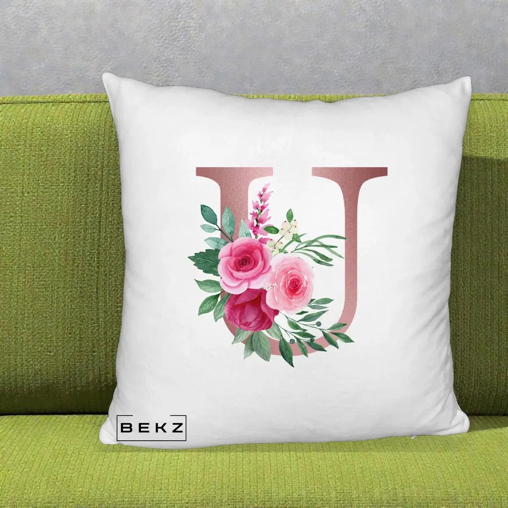 Cadou Personalizat - Perna Personalizata Monograma Rose Gold Litera U, 40x40 cm, Alb Pufos, Husa Detasabila, Perna Inclusa, BEKZ®
