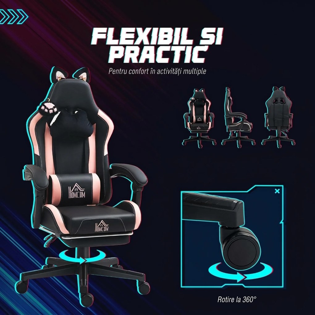 HOMCOM Scaun Gaming Ergonomic cu Urechi de Pisica, Roz | Aosom Romania