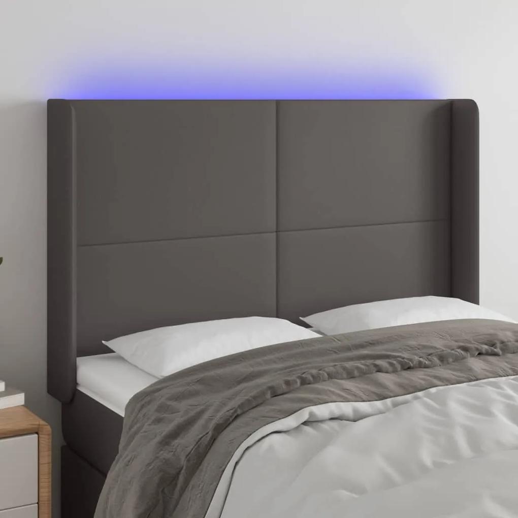 3123862 vidaXL Tăblie de pat cu LED, gri, 147x16x118/128 cm, piele ecologică