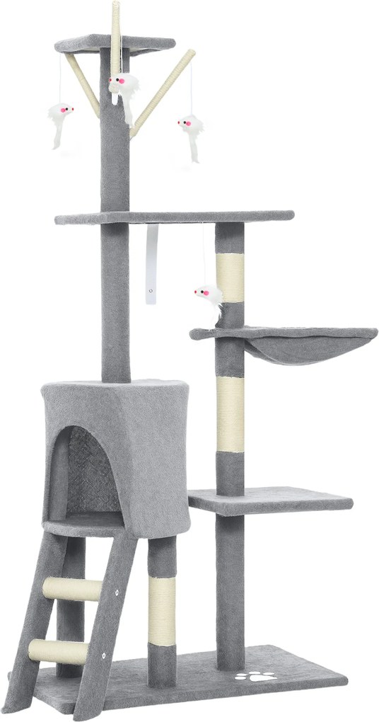 PawHut Ansamblu de joacă pentru pisici cu căsuță, stâlp de ascuțit gheare, platforme și 4 șoricei, 50x35x134.2 cm, gri | Aosom Romania