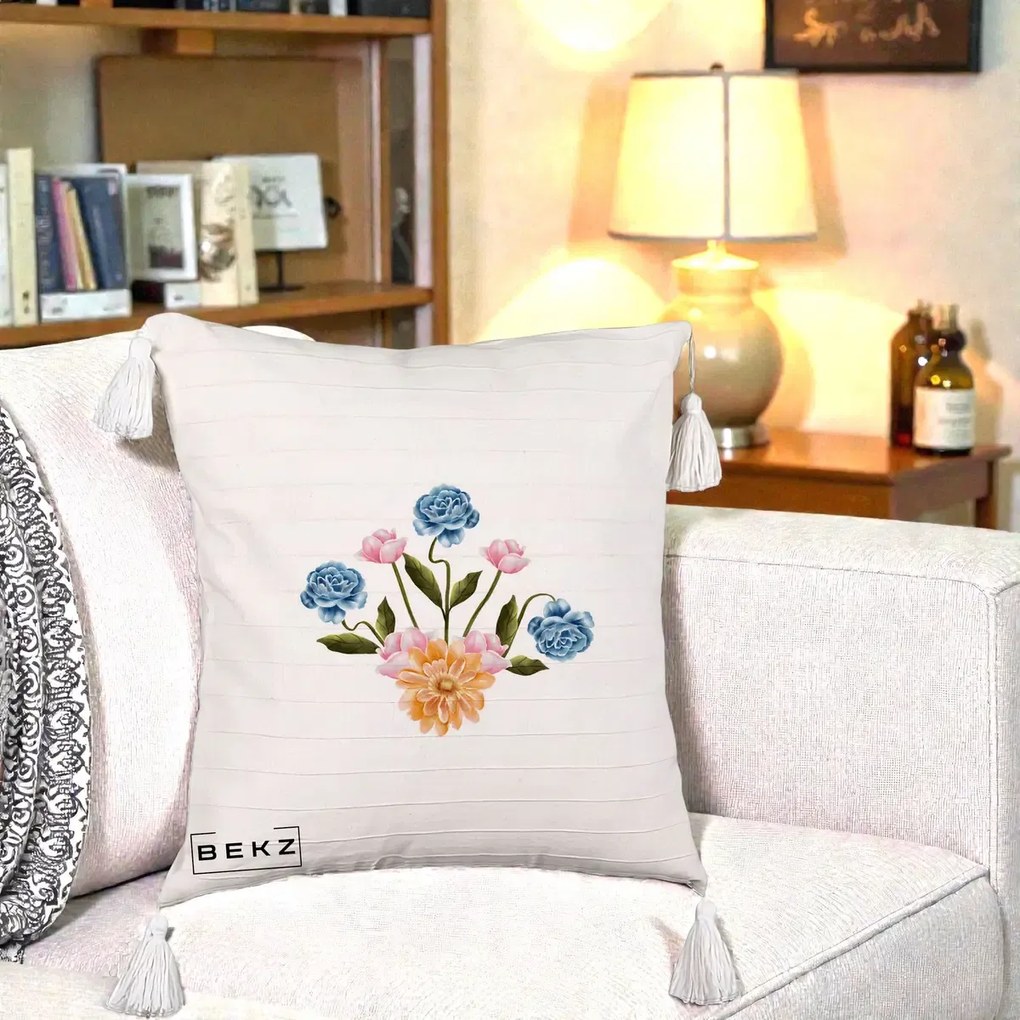 Perna Decorativa Buchet Primavara Acuarela, 40x40 cm, Bej cu Franjuri, Husa Detasabila, Perna Inclusa, BEKZ®