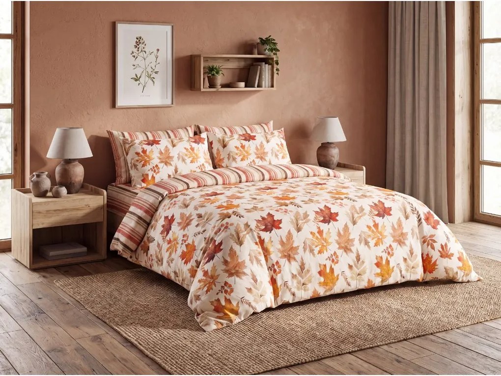 Lenjerie de pat din flanel LEAVES & STRIPES colorate Dimensiune lenjerie de pat: 70 x 90 cm | 140 x 200 cm