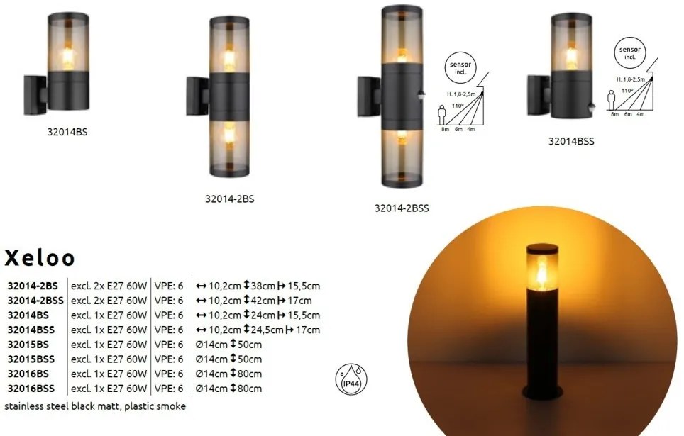 Stalp mediu pentru exterior cu senzor de miscare design modern IP44 Xeloo negru, fumuriu