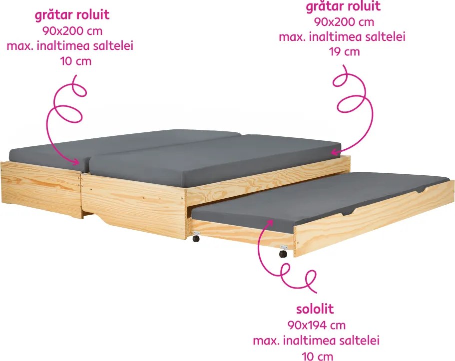 Pat cu module suplimentare extensibile, culoare naturală, lemn masiv, 90x200, FLOPY