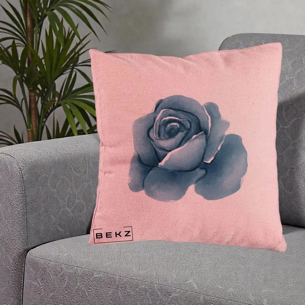 Perna Decorativa Trandafir Albastru Acuarela, 40x40 cm, Roz, Husa Detasabila, Perna Inclusa, BEKZ®