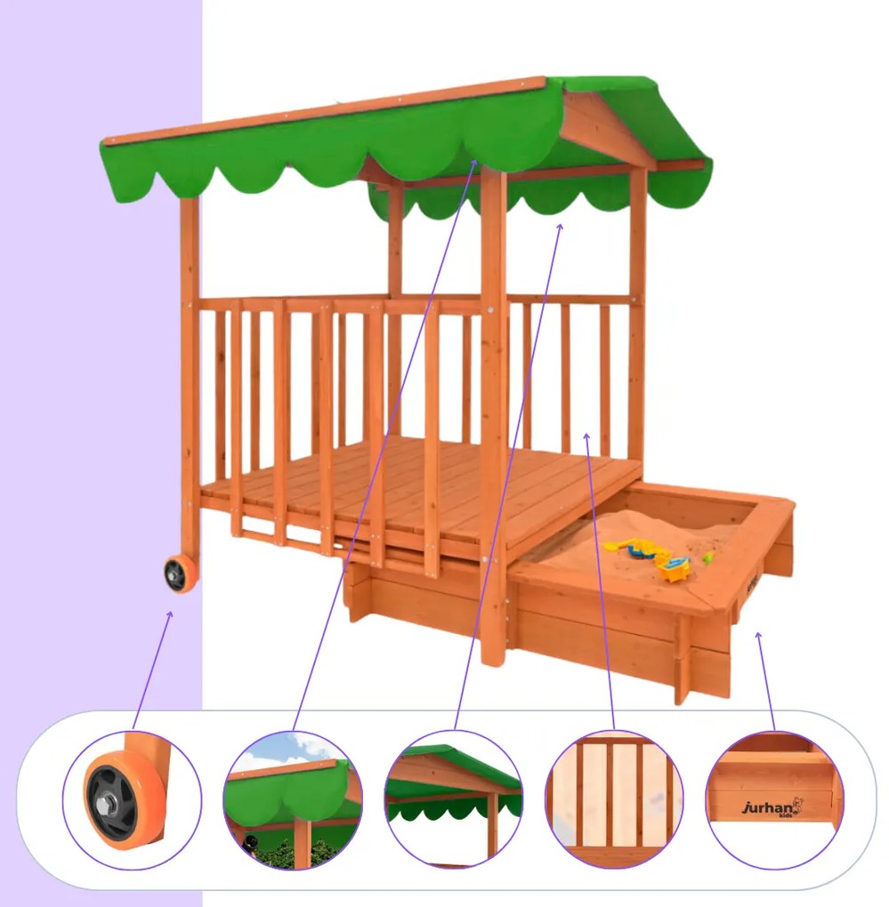 Groapa cu nisip cu verandă HAPPY, 130x130x143cm, maro/verde Jurhan