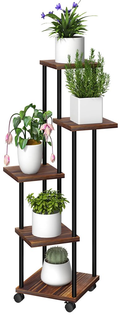Outsunny Suport pentru flori cu 5 etaje, Suport pentru plante cu 5 niveluri, Design în formă de cascada, ușor de mutat, Lemn, Oțel | Aosom Romania