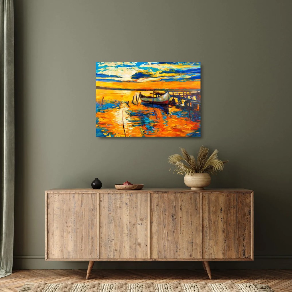Tablou pe sticlă - Barca la apus de soare (70x50 cm)