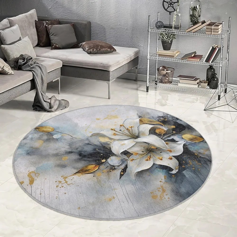 Covor albastru/gri lavabil rotund ø 120 cm Golden Lilly – Mila Home