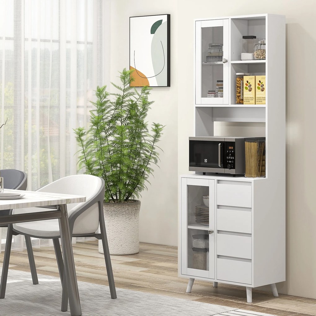 HOMCOM Servantă Înaltă de Bucătărie cu Uși din Sticlă, 2 Rafturi Deschise, 4 Sertare, Rafturi Reglabile, 60x35x180 cm, Alb | Aosom Romania
