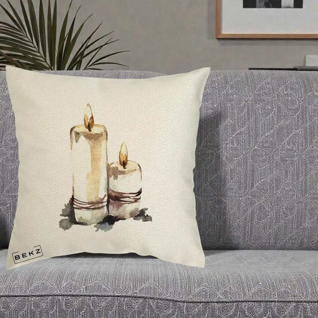 Perna Decorativa Lumanari Acuarela Iarna, 40x40 cm, Ecru, Husa Detasabila, Perna Inclusa, BEKZ®