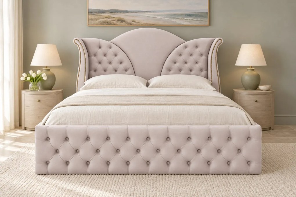Pat tapițat Chesterfield din catifea Velora 140×200 cm, crem, cu ladă de depozitare