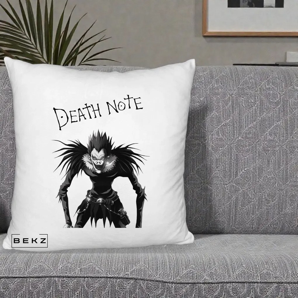 Perna Personalizata Death Note Ryuk Shinigami Alb-Negru, 40x40 cm, Alb Pufos, Husa Detasabila, Perna Inclusa, BEKZ®