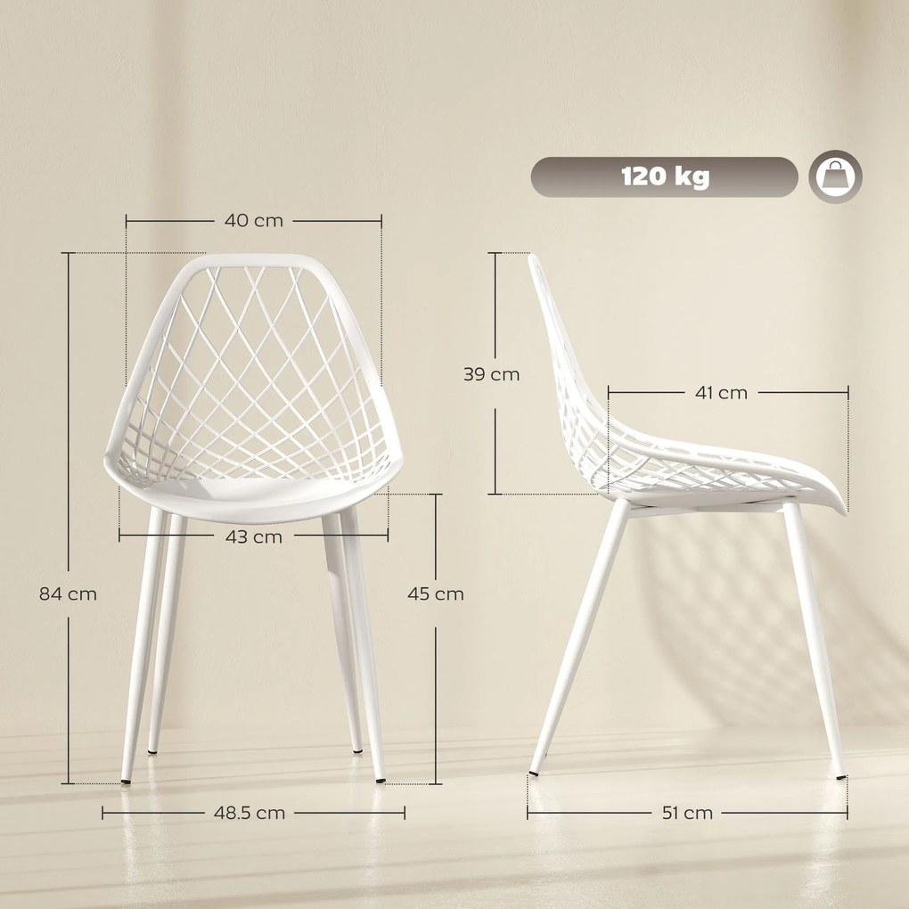 HOMCOM Set 4 Scaune Moderne cu Spătar Perforat din Plastic și Metal Alb | Aosom Romania