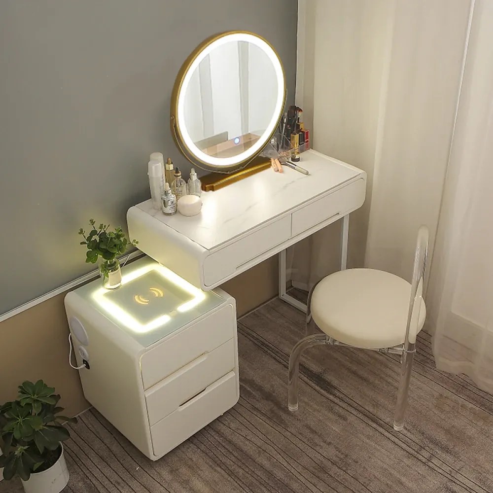 Set ALISA LONG – Masă de Toaletă pentru Machiaj, Oglindă Iluminată LED, Control Touch, 5 sertare, Comoda, Scaun, Difuzor Bluetooth, zona încărcare fără fir, Alb, 100 cm