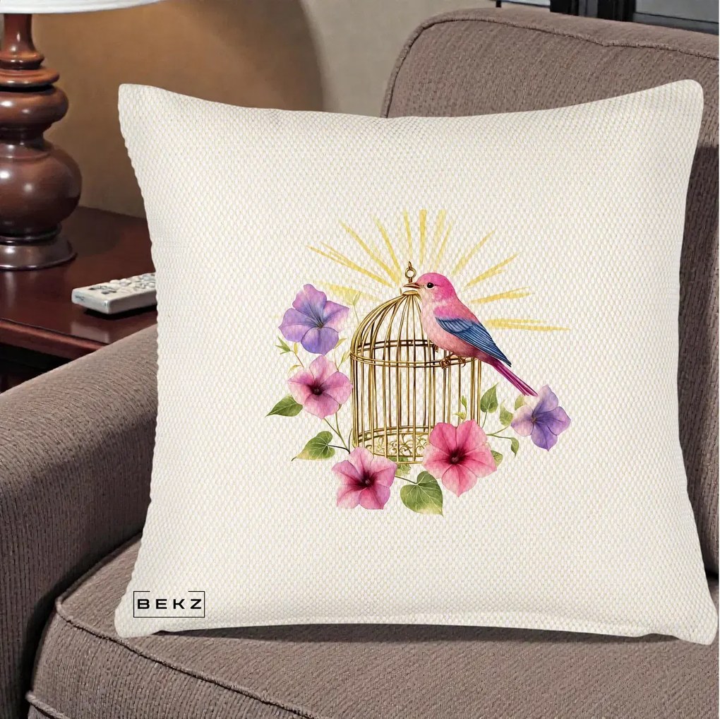 Perna Decorativa Pasare Roz pe Colivie Aurie cu Flori, 40x40 cm, Crem Reliefat, Husa Detasabila, Perna Inclusa, BEKZ®