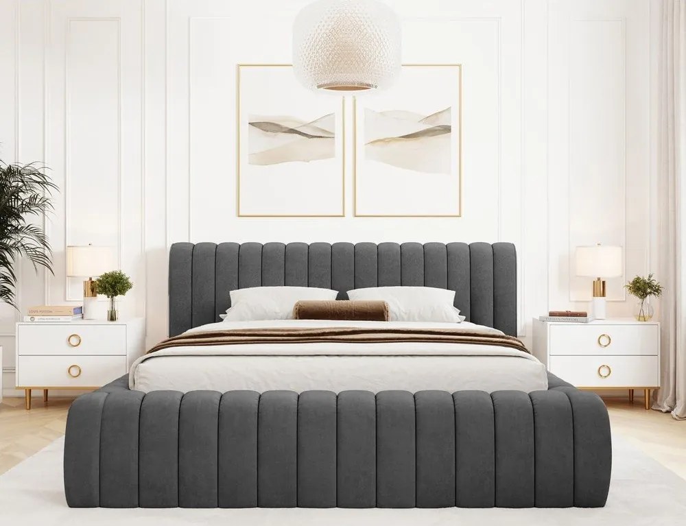 Pat matrimonial gri închis tapițat cu spațiu de depozitare cu somieră 140x200 cm Carilla – ELTAP