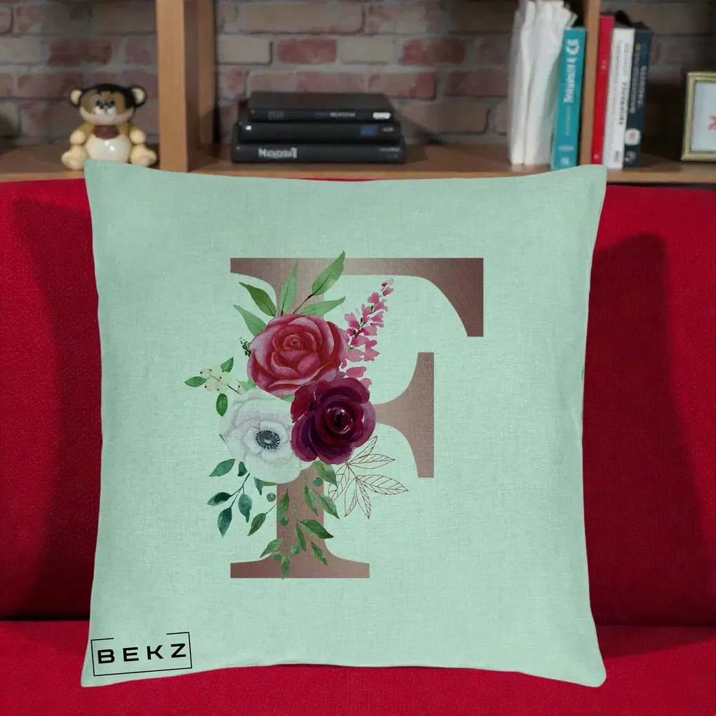 Cadou Personalizat - Perna Personalizata Monograma Rose Gold Litera F, 40x40 cm, Verde Menta, Husa Detasabila, Perna Inclusa, BEKZ®