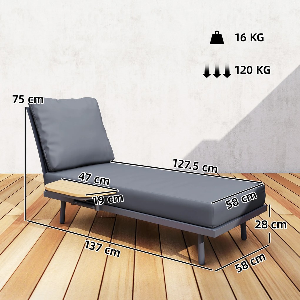 Outsunny Șezlong de grădină cu perne lavabile din olefină și raft lateral, cadru metalic, 58x137x75cm, gri | Aosom Romania