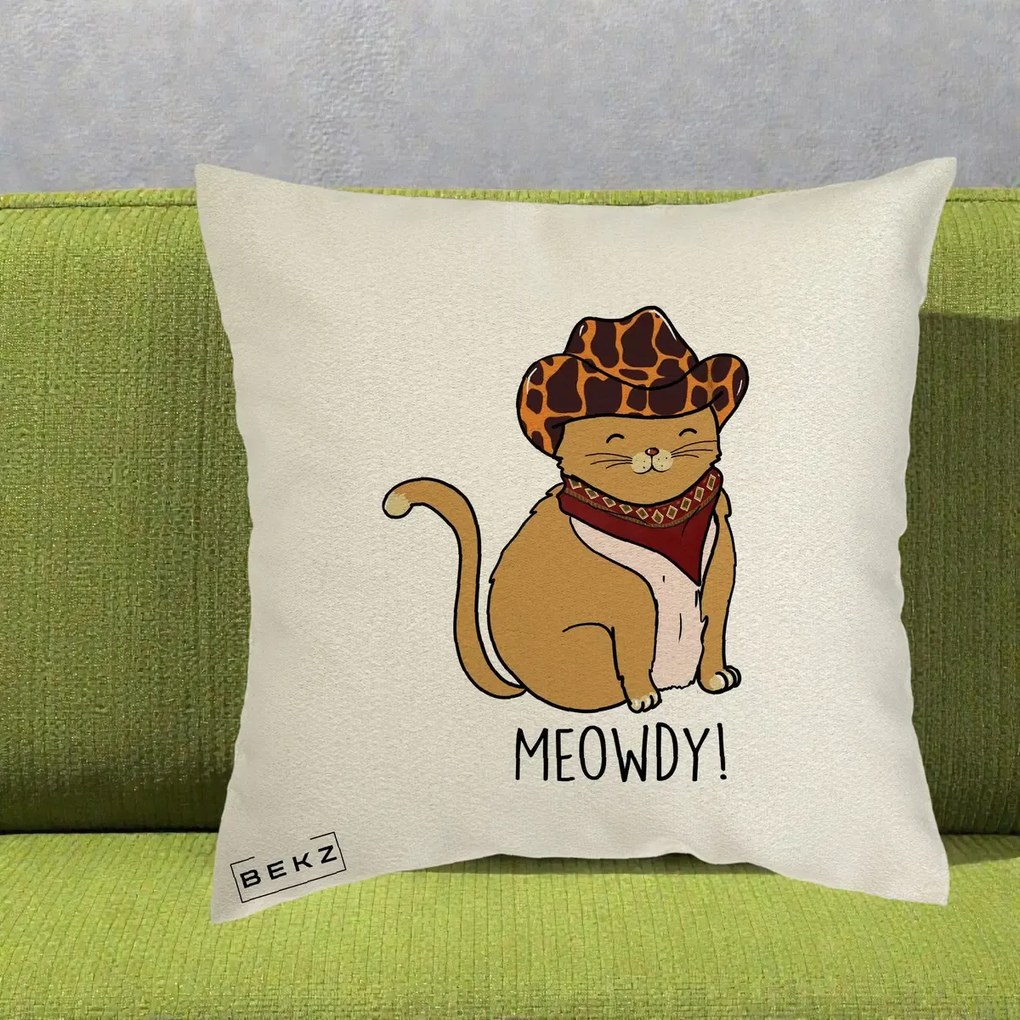 Perna Decorativa Pisica Cowboy Meowdy, 40x40 cm, Ecru, Husa Detasabila, Perna Inclusa, BEKZ®