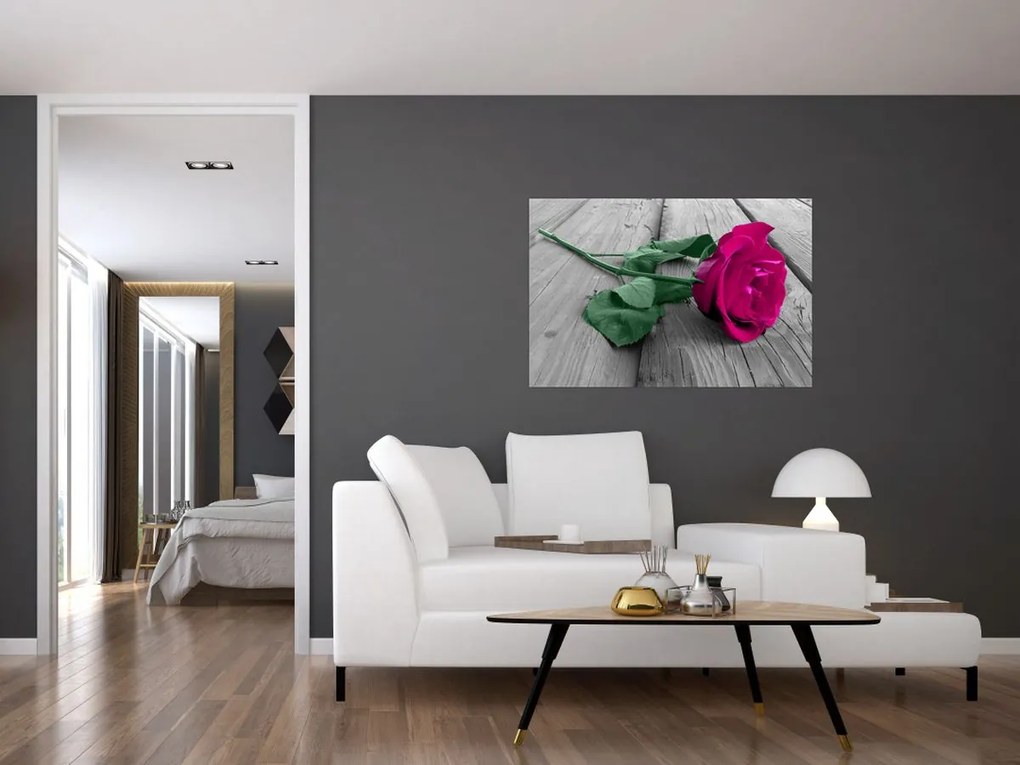 Tablou - Trandafir roz cu tulpina verde (90x60 cm)