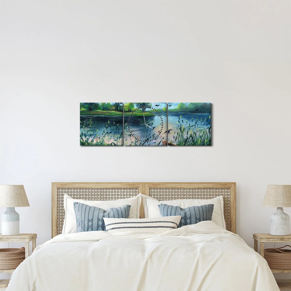 Tablou- Pictură în ulei, seară de vară lângă lac (cu ceas) (90x30 cm)