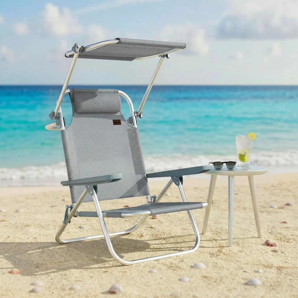 Outsunny Șezlong Reclinabil cu 6 Nivele, Copertină Reglabilă și Tetieră, din Aluminiu și Plasă, 62x68x79, Gri | Aosom Romania