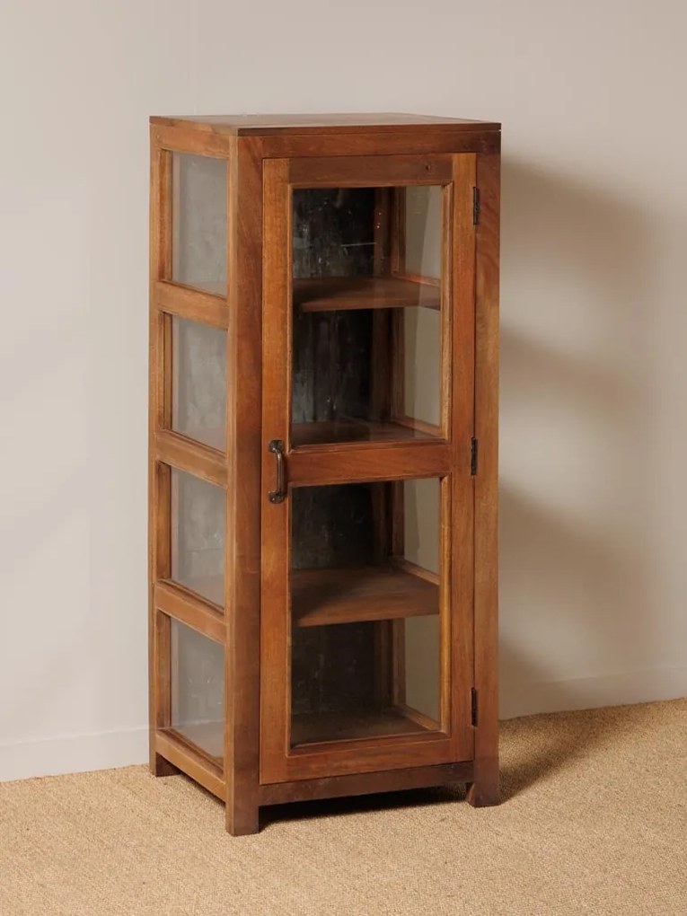 Vitrină mică rustică din lemn reciclat, maro, cu 1 ușă vitrată, laterale vitrate și 3 rafturi, finisaj natural, 127 x 54 x 46 cm, „Marcel”