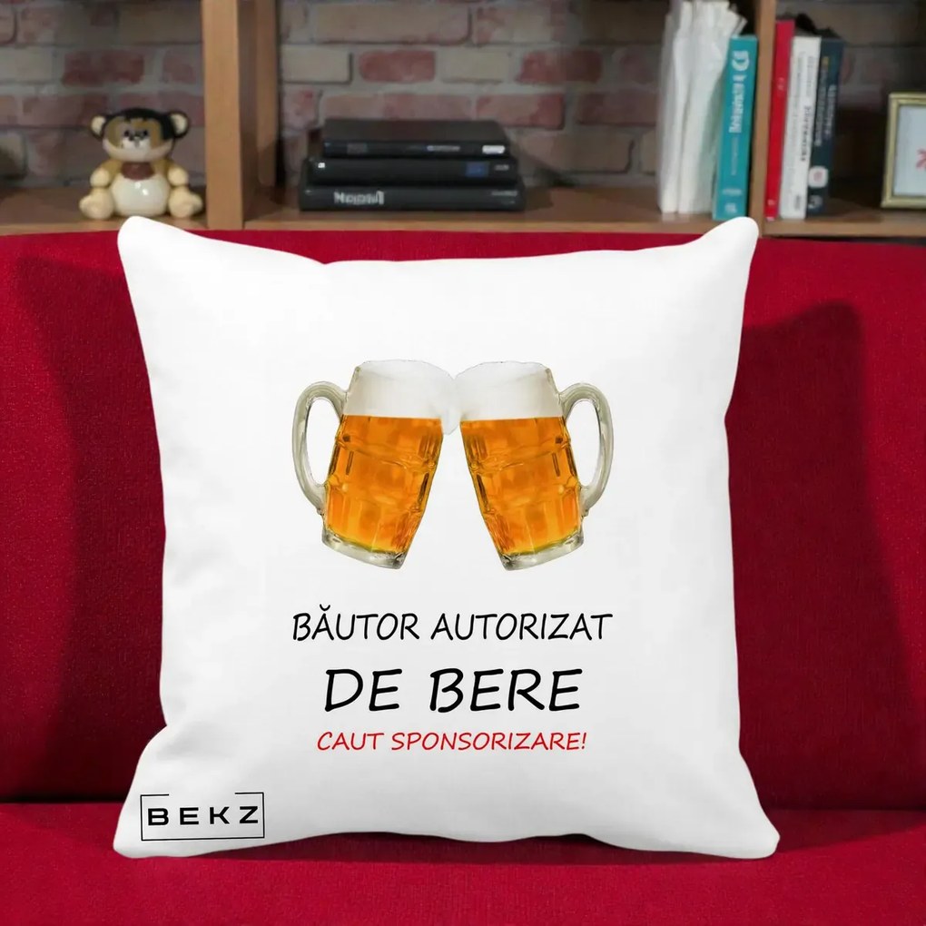 Perna Decorativa Bautor Autorizat de Bere, 40x40 cm, Alba Mata, Husa Detasabila, Perna Inclusa, BEKZ®