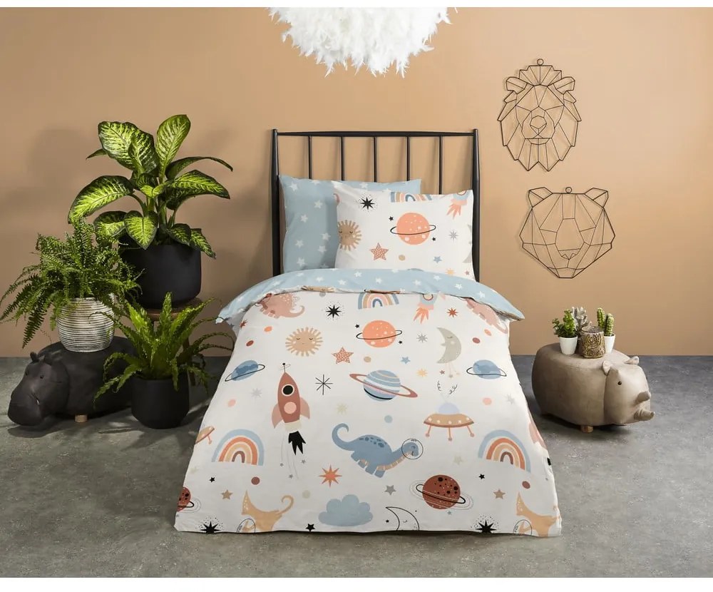 Lenjerie de pat pentru copii albastră-bej din bumbac pentru pătuț 100x135 cm Eclips – Good Morning