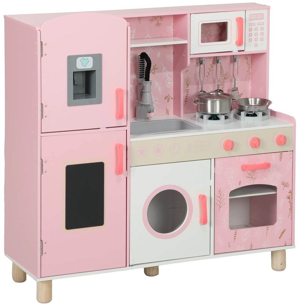 AIYAPLAY Bucătărie din lemn pentru copii cu sunet Arzător Cuptor Robinet Chiuvetă Microunde Mașină de spălat Mașină de gheață Roz | Aosom Romania