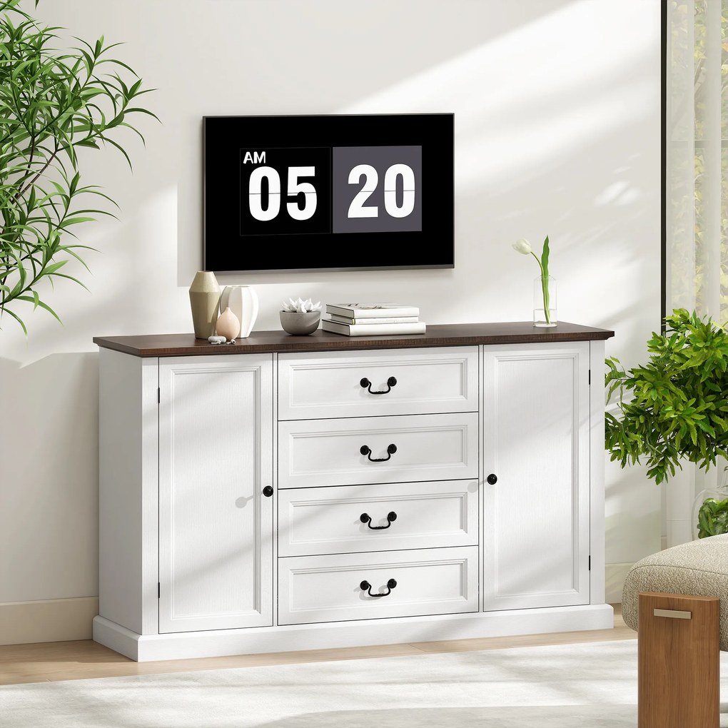 HOMCOM Credență de Bucătărie, Mobilier de Bucătărie cu 4 Sertare Soft Close, Blat Gros, Bufet cu Rafturi Reglabile, Stil Rustic, pentru Sufragerie, Sala de Mese, 147x40x87 cm, Alb | Aosom Romania