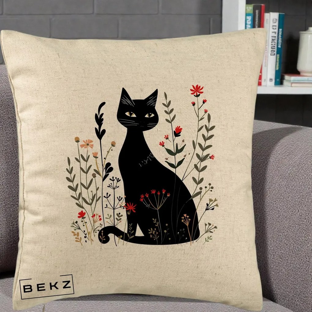 Perna Decorativa Pisica Neagra Botanica Rosu-Gri, 40x40 cm, Bej, Husa Detasabila, Perna Inclusa, BEKZ®