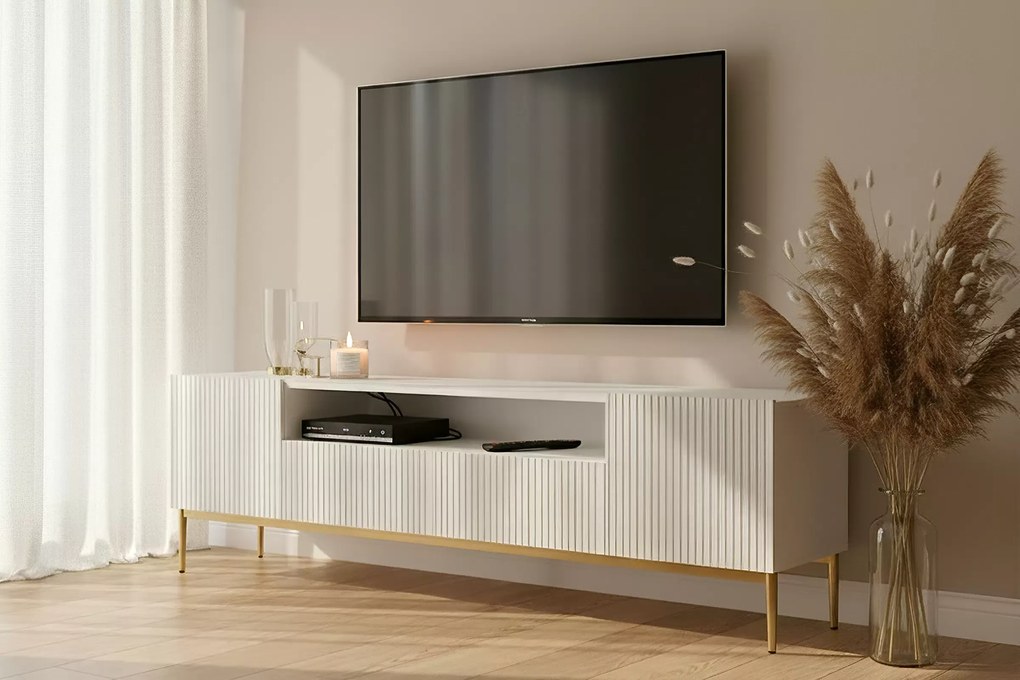 Comodă TV cu nișă și sertare Nicole 200 cm - alb mat / picioare aurii